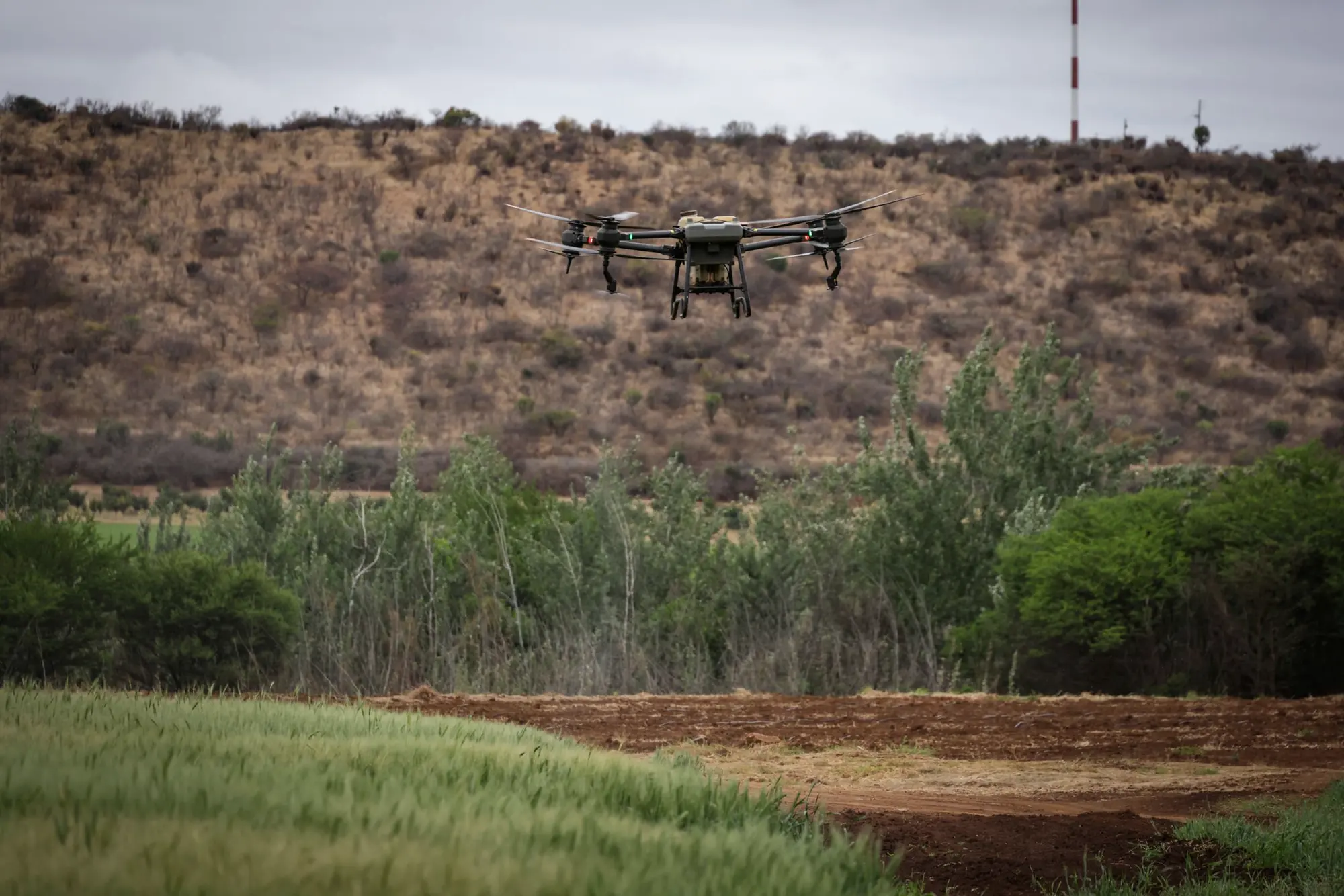 Drone de levantamento sobrevoando área de vegetação